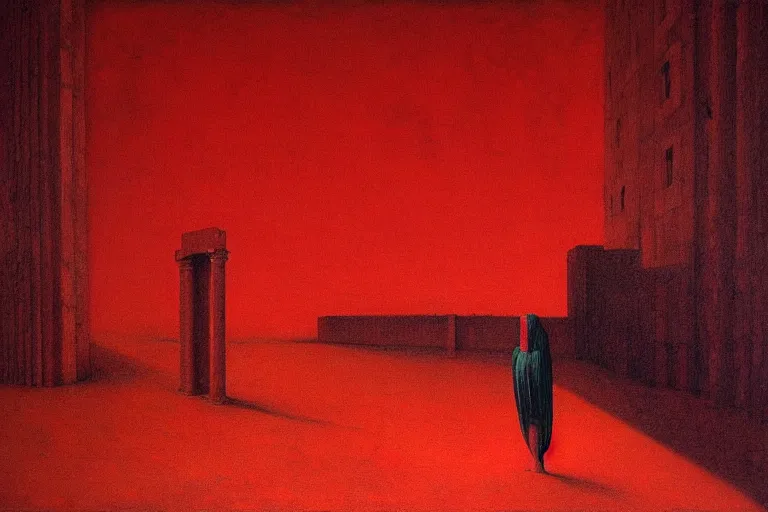 Image similar to only with red, caesar after war, the great deal, a red tiger, in hoc signo vinces, rome in background, an ancient path, in the style of beksinski, part by hopper, part by rodcenko, part by hofbauer, intricate composition, red by caravaggio, insanely quality, highly detailed, masterpiece, red light, artstation