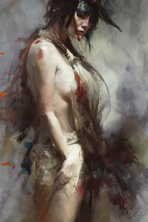 Image similar to Richard Schmid and Jeremy Lipking and simon bisley full length portrait painting of a young beautiful priestess woman