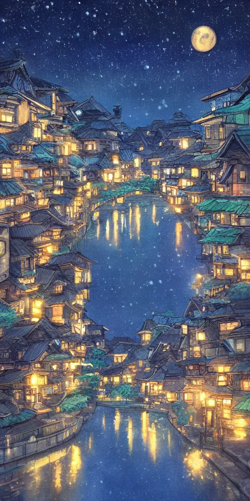 Image similar to a serene painting of a town at night, the moon and stars, by studio ghibli, highly - detailed, anime, artstation, deviantart
