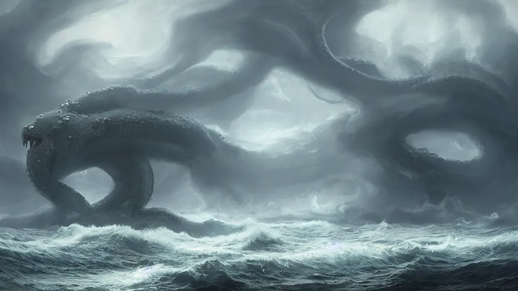Prompt: A kraken rising out of a stormy sea, concept art, matte painting, 8k, highly detailed, artstation, Greg Rutkowski