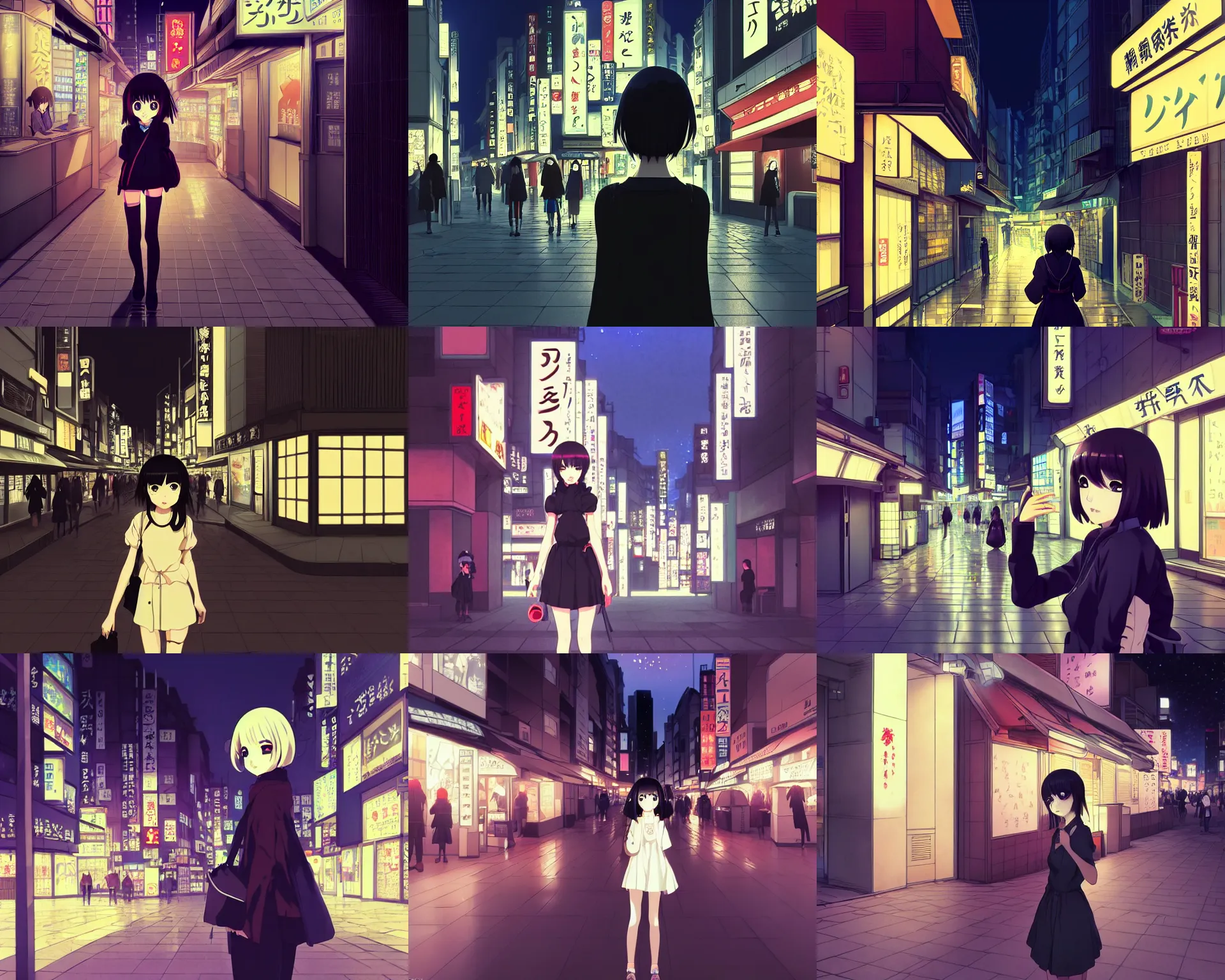 Prompt: anime visual, dark portrait of a young female traveler in shibuya at night shopping exterior, low light, cute face by ilya kuvshinov, yoh yoshinari, makoto shinkai, dynamic pose, dynamic perspective, cel shaded, flat shading mucha, rounded eyes, moody, detailed facial features, haibane renmei