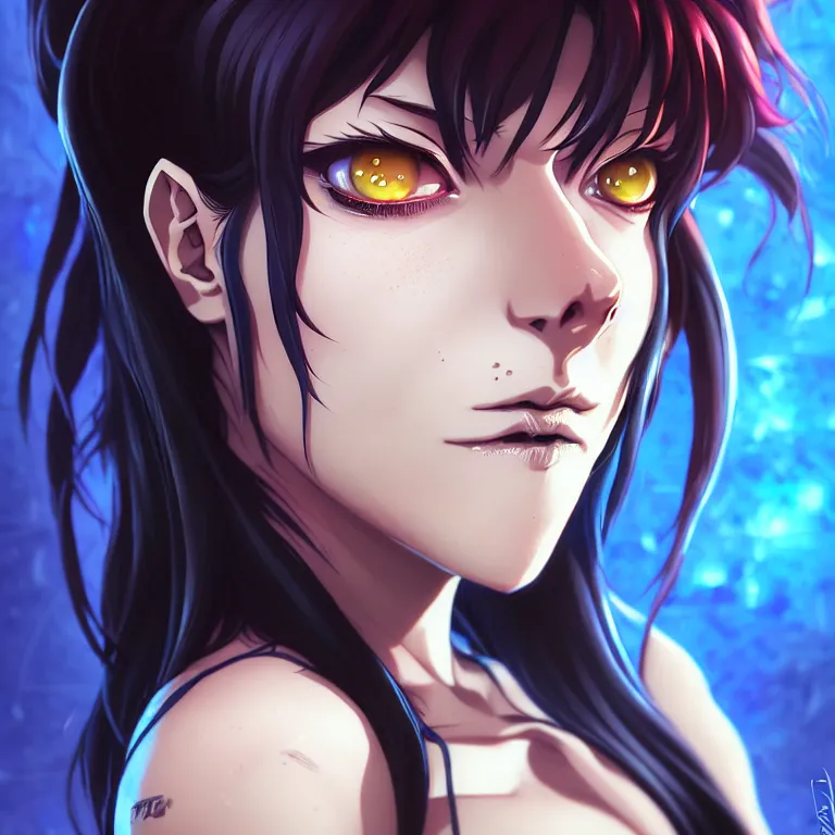 Image similar to a portrait of revy from black lagoon manga, symmetrical eyes, symmetrical face, art by lois van baarle and loish and ross tran and rossdraws and sam yang and samdoesarts and artgerm, digital art, highly detailed, intricate, sharp focus, trending on artstation hq, deviantart, unreal engine 5, 4 k uhd image