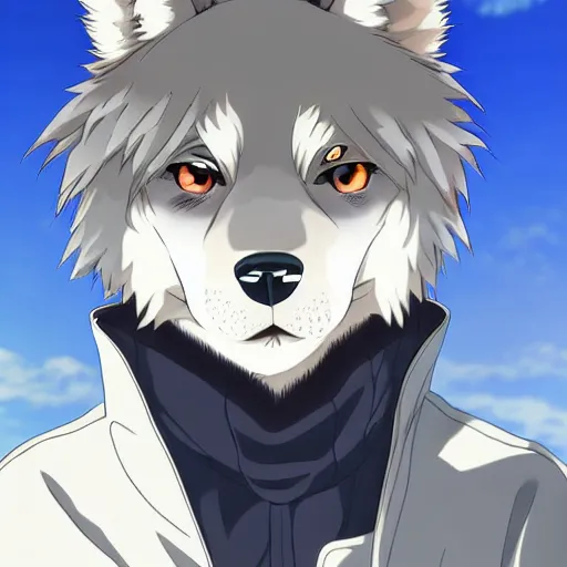 Image similar to key anime visual portrait of an anthropomorphic anthro wolf fursona, in a jacket, with handsome eyes, official modern anime art