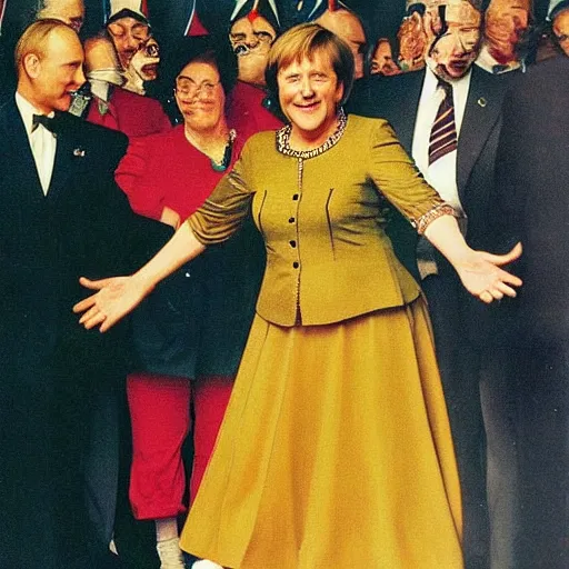 Image similar to angela merkel wearing a jester outfit, dancing for vladimir putin, artist norman rockwell,