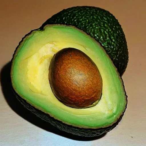 Prompt: an avocado pit that looks like the head of bob ross