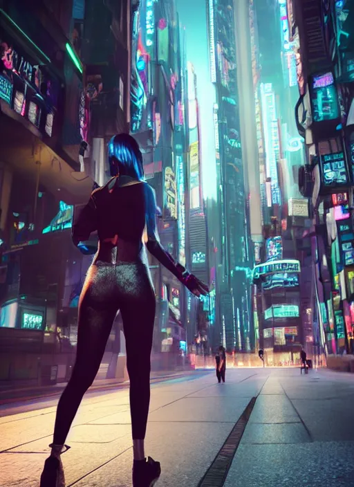 Image similar to photo of a beautiful woman walking through a ( ( ( cyberpunk city ) ) ), full body, hyper realistic, 8 k, dslr, unreal engine, highly detailed portrait