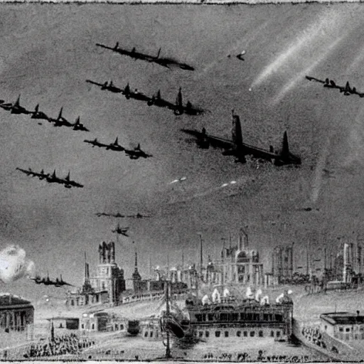 Image similar to grainy 1800s photo of flying machines engaged in an aerial battle over a city