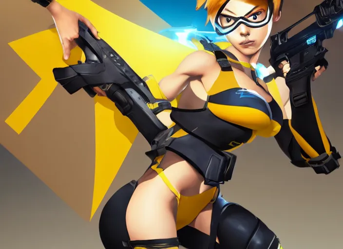 Image similar to tracer game character, in yellow bikini, blonde hair, black eyes, full height