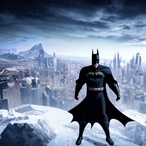 Prompt: batman standing on top of a snowy mountain top and looking down on a futuristic city, 4 k