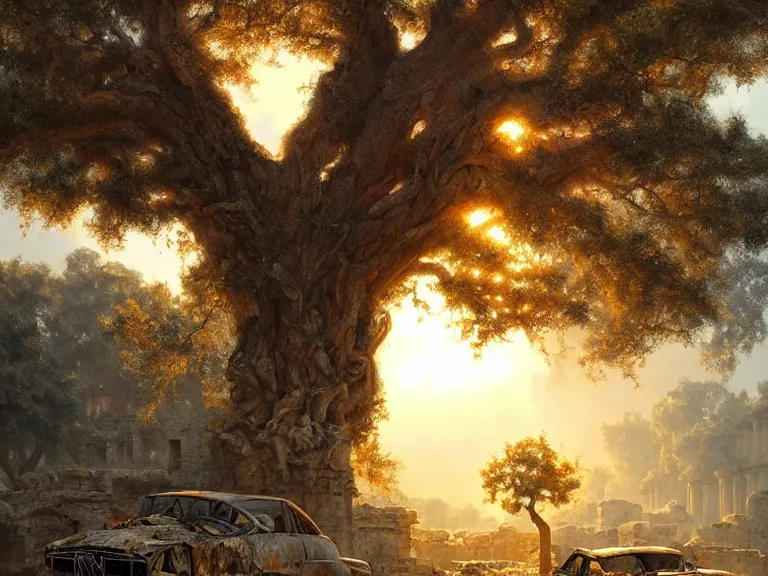 Image similar to oak tree growing in ancient greek ruins, many scrap cars, plastic waste, rubble, pillars, hyperrealistic, highly detailed, cinematic, single ray of golden sunlight, beautiful, cgssociety, artstation, 8 k, oil painting by greg rutkowski, by artgerm, by wlop