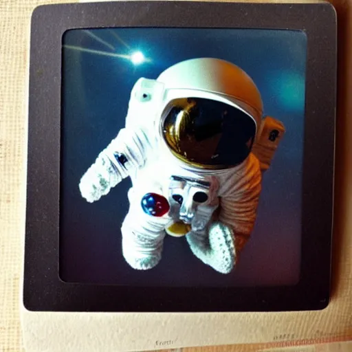 Image similar to polaroid of a cute toy crochete astronaut in real space