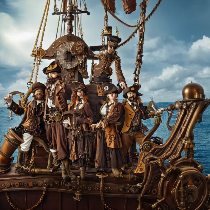 Image similar to full body photograph of steampunk pirates on their ship. Extremely detailed. 8k