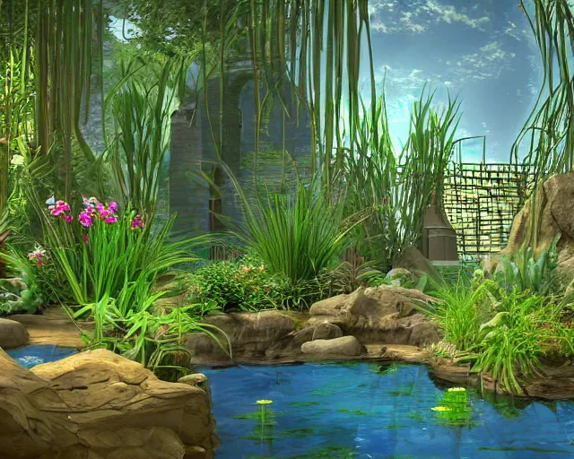 Image similar to Ancient Egypt interior with a pond and plants, digital art