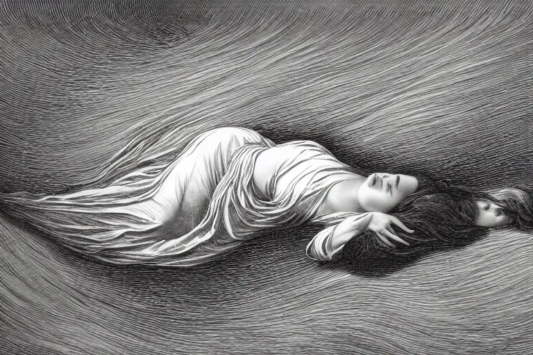 Prompt: black and white, young french woman sleeping in the flowfield, top view, Gustave Dore lithography