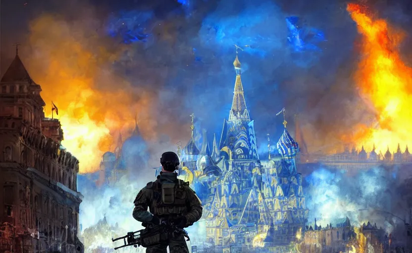 Image similar to special forces soldier with ukrainian blue and yellow shoulder patch watches red square kremlin burn in the background, d & d, fantasy, bright atmosphere, volumetric lights, intricate, elegant, extremely detailed, digital painting, artstation, concept art, matte, smooth, sharp focus, hyper realistic, illustration, art by artgerm and greg rutkowski and alphonse mucha