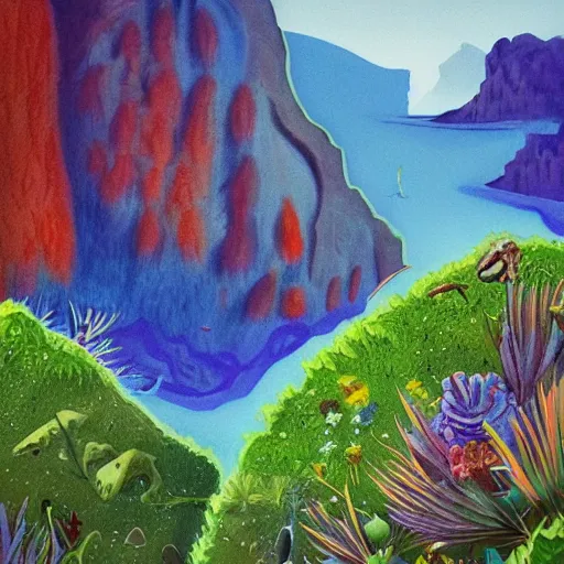 Image similar to illustration of a lush natural scene on an alien planet by djamila knopf. detailed. beautiful landscape. colourful weird vegetation. cliffs and water.