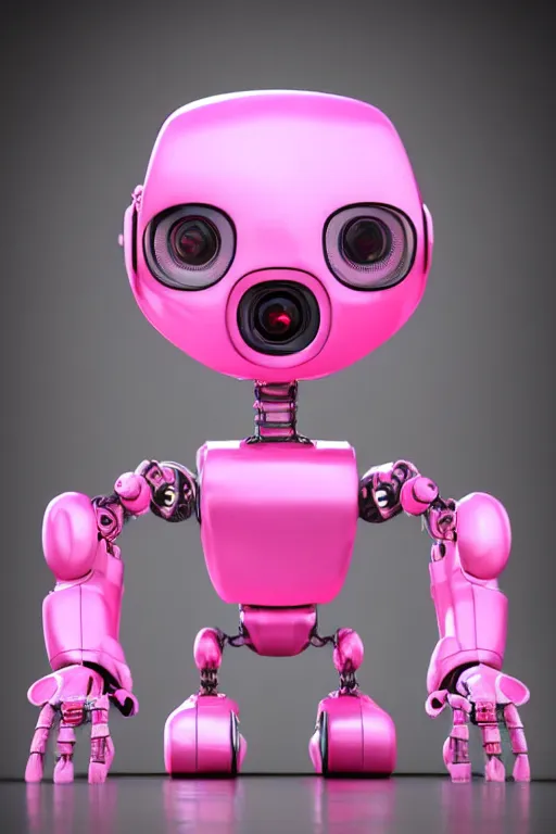 Prompt: an adorable pink robot with big eyes, futuristic look, highly detailed body, photorealistic camera shot, bright studio setting, studio lighting, crisp quality, light reflections, unreal engine 5 render,