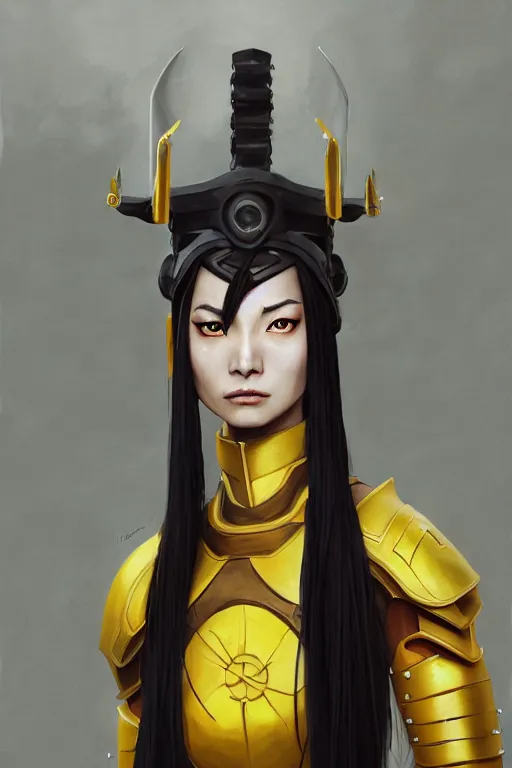 Image similar to a photorealistic painting of Azula from avatar the last Airbender partially clothed in metal-plated battle armor, beautiful bone structure, symmetrical face, perfect yellow eyes, intricate, elegant, digital painting, concept art, illustration, sharp focus, minimal artifacts, from Metal Gear, in the style of Ruan Jia and Mandy Jurgens, by Greg Rutkowski, trending on Artstation, award winning