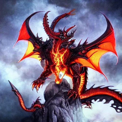 Image similar to fantasy hell dragon from lord of the rings with flames coming from its eyes