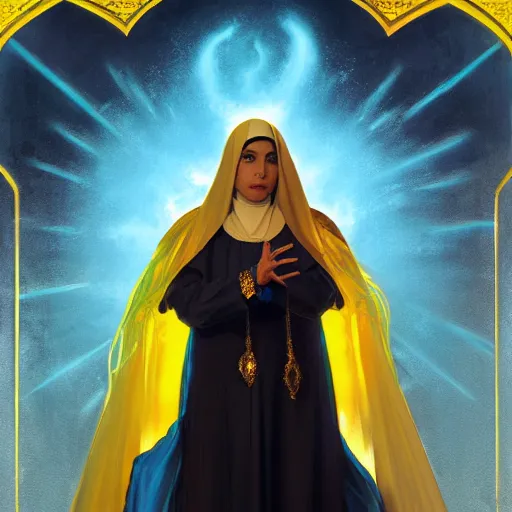 Prompt: portrait of a middle - eastern female cleric with straight black hair wearing blue and yellow vestments summoning a fireball, fantasy, highly detailed, digital painting, artstation, concept art, character art, art by greg rutkowski and tyler jacobson and alphonse mucha