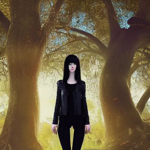 Prompt: 1 7 - year - old pale - skinned persian girl with black long bob cut, long bangs, black gothic jacket, black jeans, psychic girl, standing under treehouse in city plaza, urban plaza, treehouse hotel, large tree, ultra - realistic, sharp details, subsurface scattering, blue sunshine, intricate details, hd anime, 2 0 1 9 anime