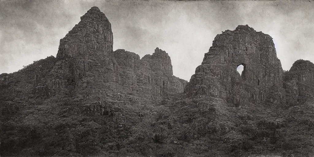 Prompt: lost city on the auyan tepui, vintage photograph, bw, by edward s curtis, realistic,