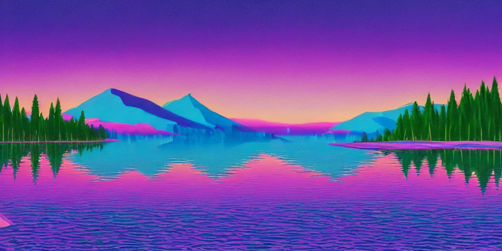 Image similar to beautiful award winning synthwave painting of a canadian lake, extreme detail, digital art, 4 k, ultra hd