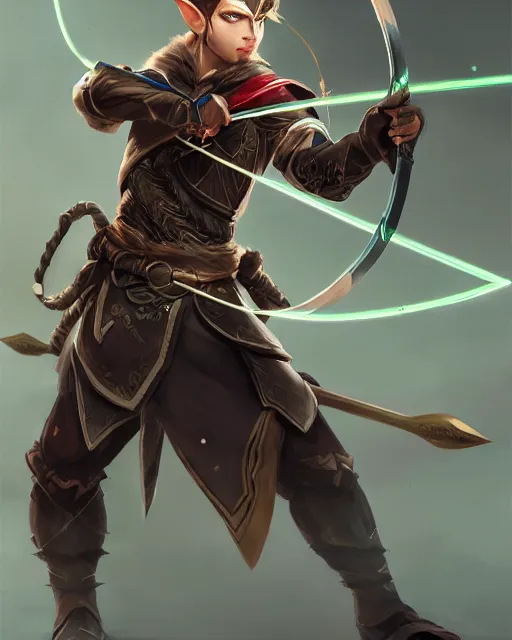 Image similar to male elf archer in a hoodie wielding a magical bow while aiming towards you, mixed brushes, WLOP style, character art, fighting pose, mixed media, digital art, trending on artstation, 8k, epic composition, highly detailed, sharp focus