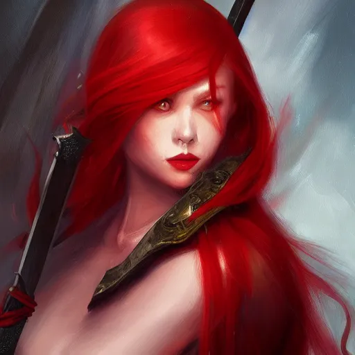 Prompt: a painting of a woman with red hair holding a sword, a digital painting by Yun-Fei Ji, deviantart contest winner, fantasy art, detailed painting, artstation hd, concept art