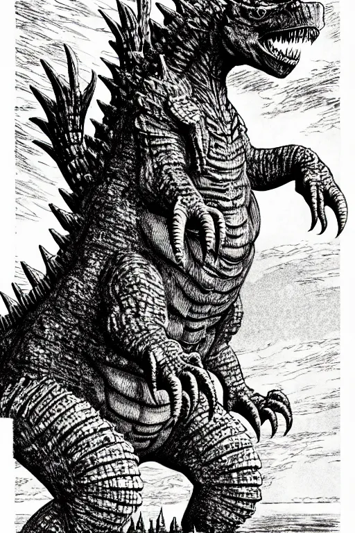 Image similar to godzilla as a d & d monster, full body, pen - and - ink illustration, etching, by russ nicholson, david a trampier, larry elmore, 1 9 8 1, hq scan, intricate details, inside stylized border