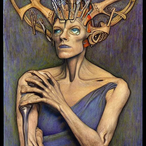 Image similar to grieving android wearing the bone crown, by Annie Swynnerton and Diego Rivera , symbolist, dramatic lighting, elaborate geometric ornament, Art Brut, soft cool colors,smooth, sharp focus, extremely detailed, Adolf Wölfli and (Donato Giancola)