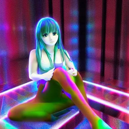 Prompt: hologram anime girl sitting inside a dark gloomy basement