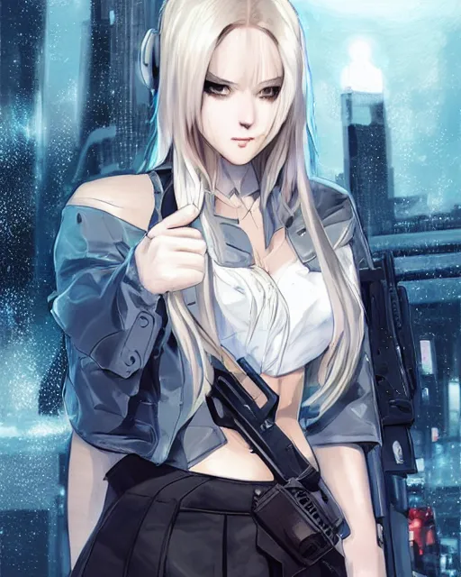 Image similar to The successful warrior is the average man, with laser-like focus, artwork by artgerm, anime, cyberpunk streets in Japan, holding a glock, elegant, seductive, long white hair, knee high socks, extra short blue plaid skirt, white blouse, full shot, wide-shot, long-shot, fantasy, mystical, magical