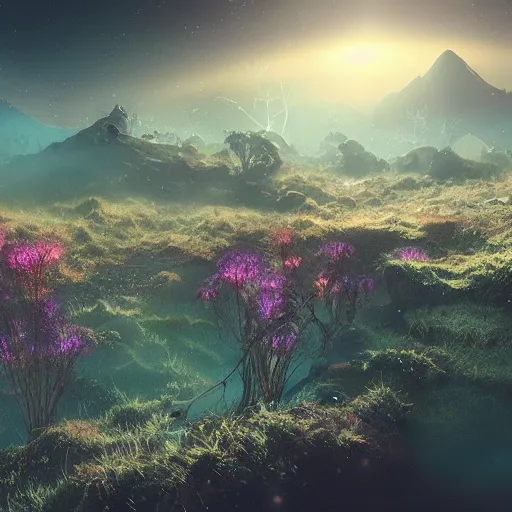 Image similar to landscape of an alien planet, beautiful, atmosphere, vibe, mist, esotic flowers, strange animals, alien plants, concept art illustration, color page, tone mapping, volumetric lighting, sunbeams, particles