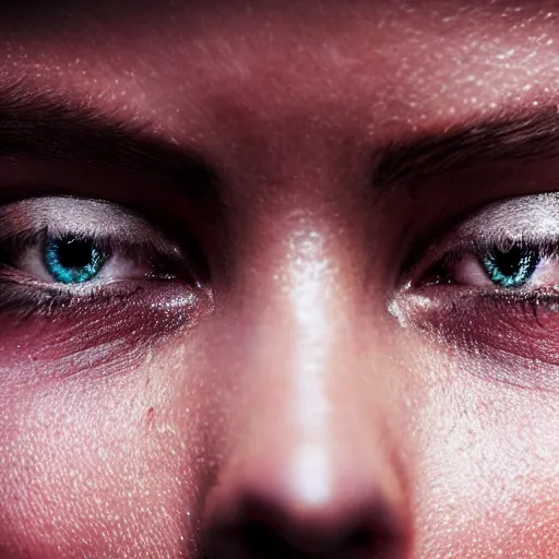 Image similar to an amazing photo, extreme close-up of the face of a young woman exercising, award winning photo, very detailed, cinematic, beautiful lighting effects