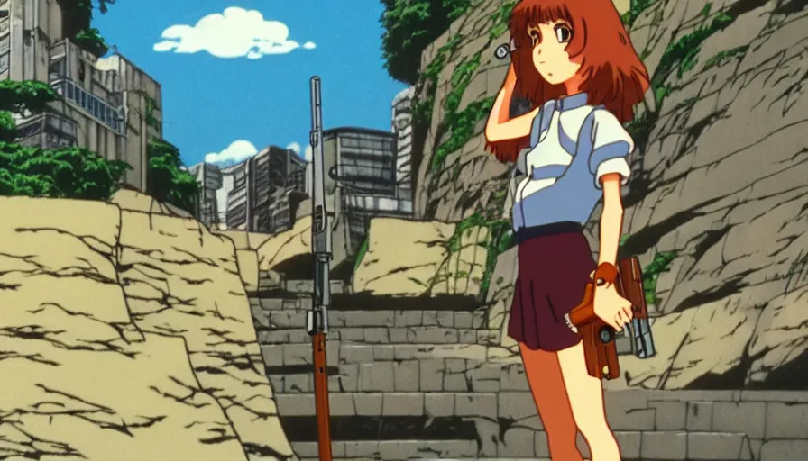 Prompt: 1 9 8 6 anime screencap of a girl with a gun on a rio de janeiro anime, by hayao miyazaki, studio ghibli, rio background extremely high quality artwork