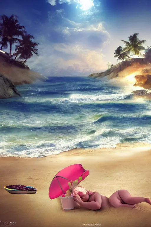 Prompt: digital matte fantasy dreamy beachscape, artstation, behance, 8 k by anne geddes