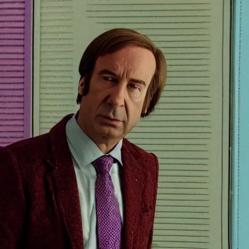 Prompt: Still frame of Saul Goodman in a Wes Anderson movie, symmetrical framing, long shot, pastel colors