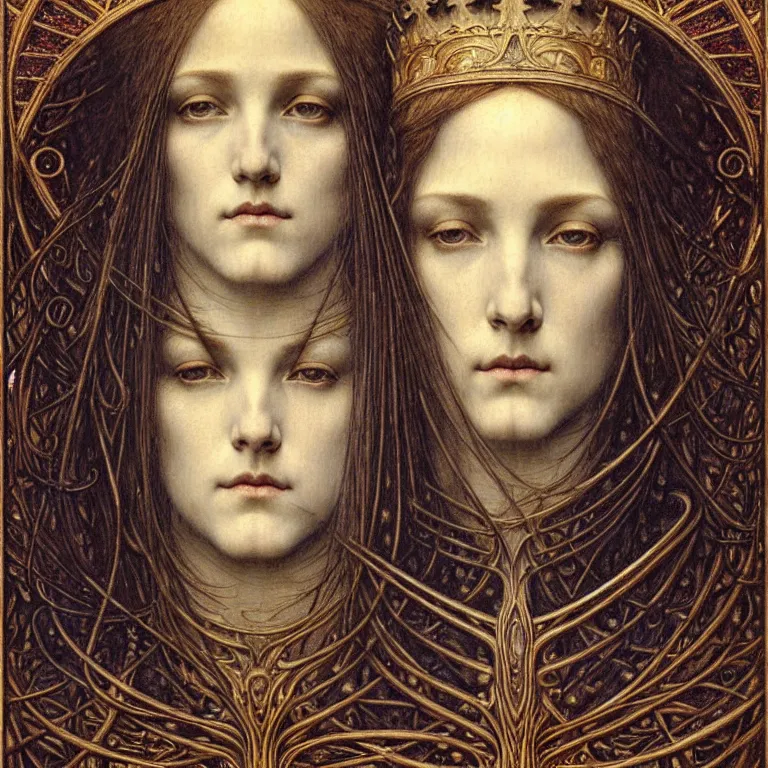 Image similar to detailed realistic beautiful young medieval queen face portrait by jean delville, gustave dore and marco mazzoni, art nouveau, symbolist, visionary, gothic, pre - raphaelite. horizontal symmetry