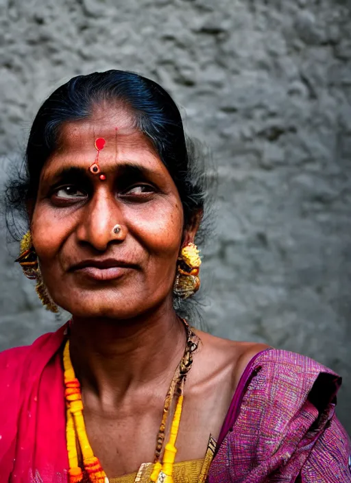 Image similar to portrait Mid-shot of an Indian woman, candid street portrait in the style of Martin Schoeller award winning