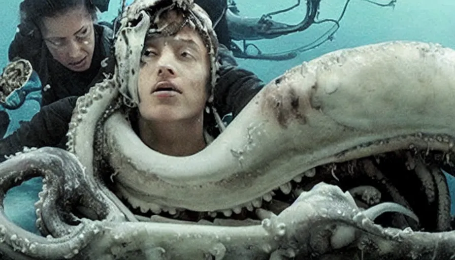 Prompt: Big budget horror movie about a cyborg doing an autopsy on a giant squid's eyeball