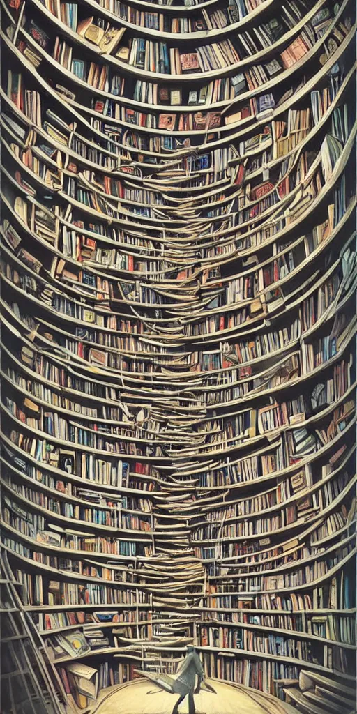 Prompt: a man standing in front of a surreal spiral book shelf filled with books, a storybook illustration by james paick, cgsociety, fantasy art, lovecraftian, academic art, mystical