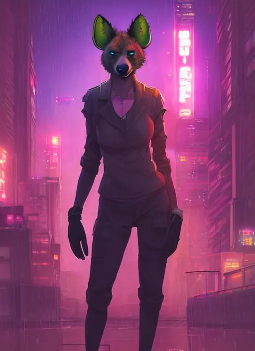 Image similar to beautiful portrait commission of a female furry anthro hyena fursona wearing a police uniform. Cyberpunk city at night in the rain. Neon light. Atmospheric. Character design by charlie bowater, ross tran, artgerm, and makoto shinkai, detailed, inked, western comic book art