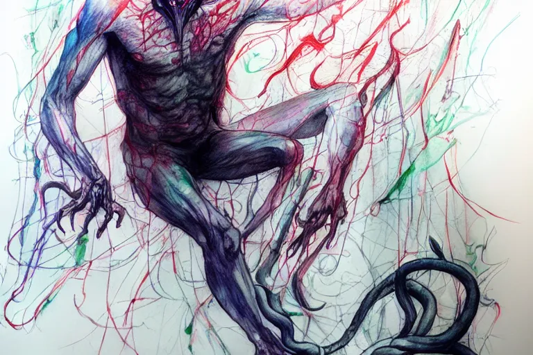 Image similar to cthulhu with a human body walks through the streets of london. by Agnes Cecile but in watercolor and pencil