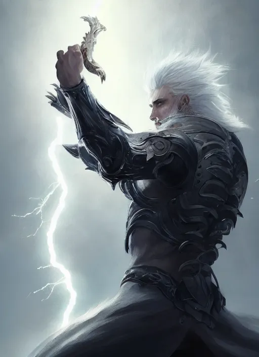 Image similar to Half-body portrait of a tall white haired man who is wielding lightning, wolf god. In style of Hyung-tae Kim and Greg Rutkowski, concept art, trending on ArtStation, Korean MMORPG, over-detailed art, 8K, epic, dynamic lightning, dramatic pose.