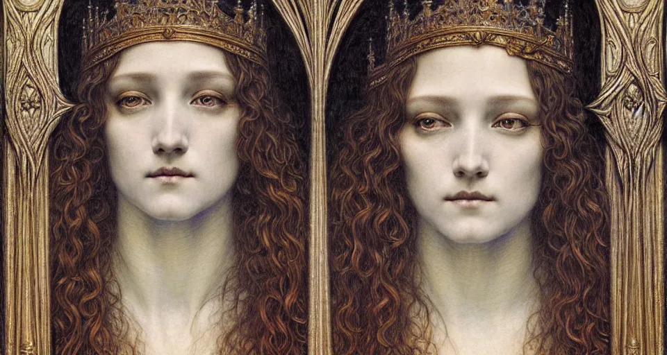 Image similar to detailed realistic beautiful young medieval queen face portrait by jean delville, gustave dore and marco mazzoni, art nouveau, symbolist, visionary, gothic, pre - raphaelite. horizontal symmetry