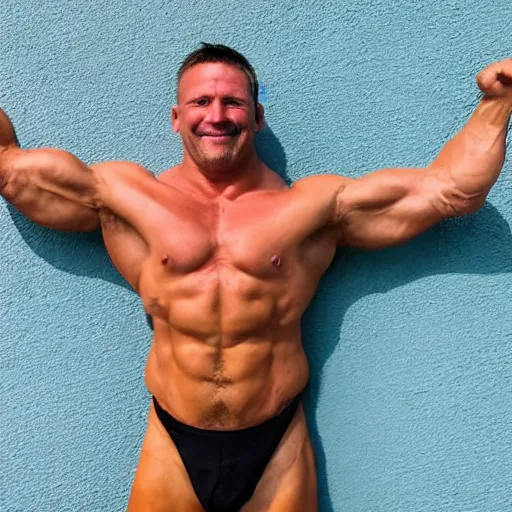 Prompt: photo of a 4 0 year old man that looks young for his age that takes hgh and testosterone. he has no shirt on and his muscles are in view.