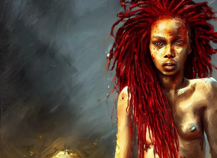 Image similar to landscape, portrait painting beautiful realism, an african girl red hair in wood armor who was sprawled out was about to rise, his face covered in blood. cinematic scene, good lighting, fine art, trending on artstation, smooth draw, sharp focus.