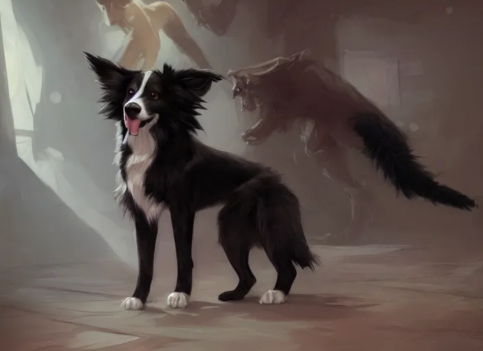 Prompt: wide angle beautiful full body portrait of a strong male anthropomorphic anthro border collie fursona in a suit sitting in a parlor room, character design by charlie bowater, henry asencio, and ross tran, disney, scenic background, detailed, aesthetic, trending on artstation, furaffinity, deviantart