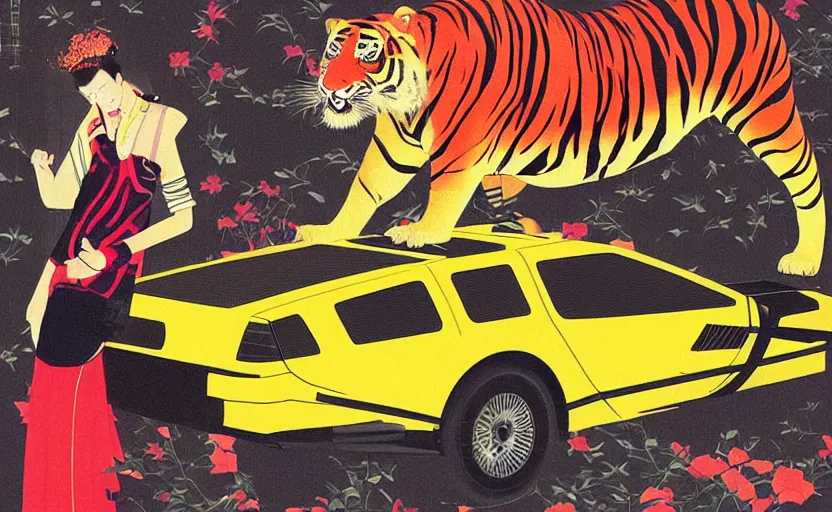 Image similar to a red delorean and a yellow tiger, painting by hsiao - ron cheng & utagawa kunisada, magazine collage style,